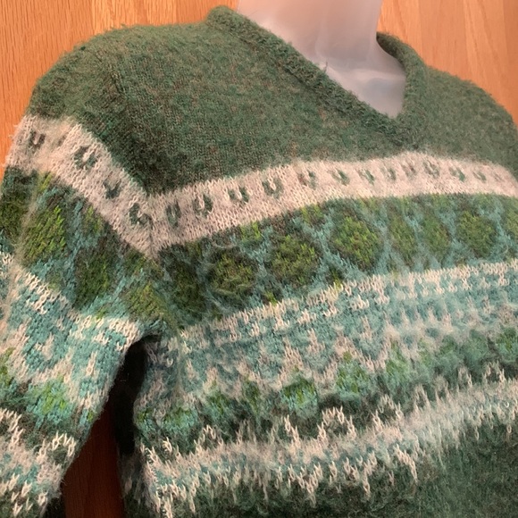 Vintage Y2K Wool Sweater 90s V Neck Cropped Fair Isle Bulldog Green Blue - Picture 2 of 13